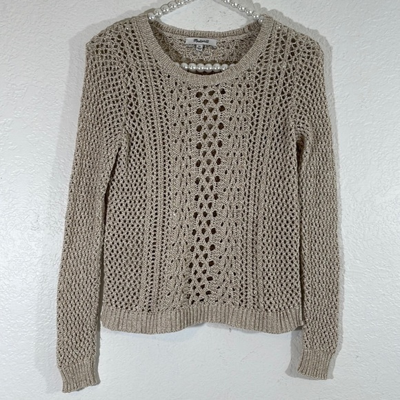 MADEWELL Summer Stitch Pullover Crochet Sweater Open Knit Tan Long Sleeves XS - Picture 5 of 11